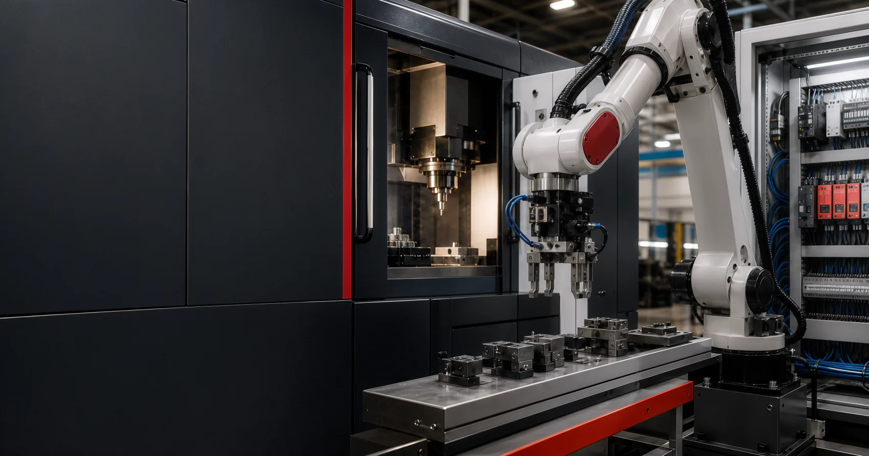 Representative composition of an automation cell with a robotic arm, a machining center and a control cabinet